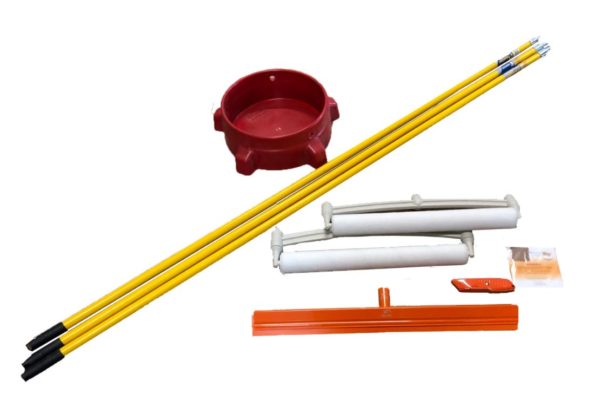 Skudo Commercial Mat Squeegee Installation PACK (1) 24" Skudo Squeegee Frame & Blade (3) 6 Ft Fiberglass Extension Pole (1) Bucket Dolly* (2) 18" Skudo Roller Frame (2) 18" Roller Cover 3/16 NAP (1) Mat Cutter (Orange)* (1) Cutter replacement blades ( Pack of 5)* (1) Wet Film Gauge * Basic version available with and without these items.