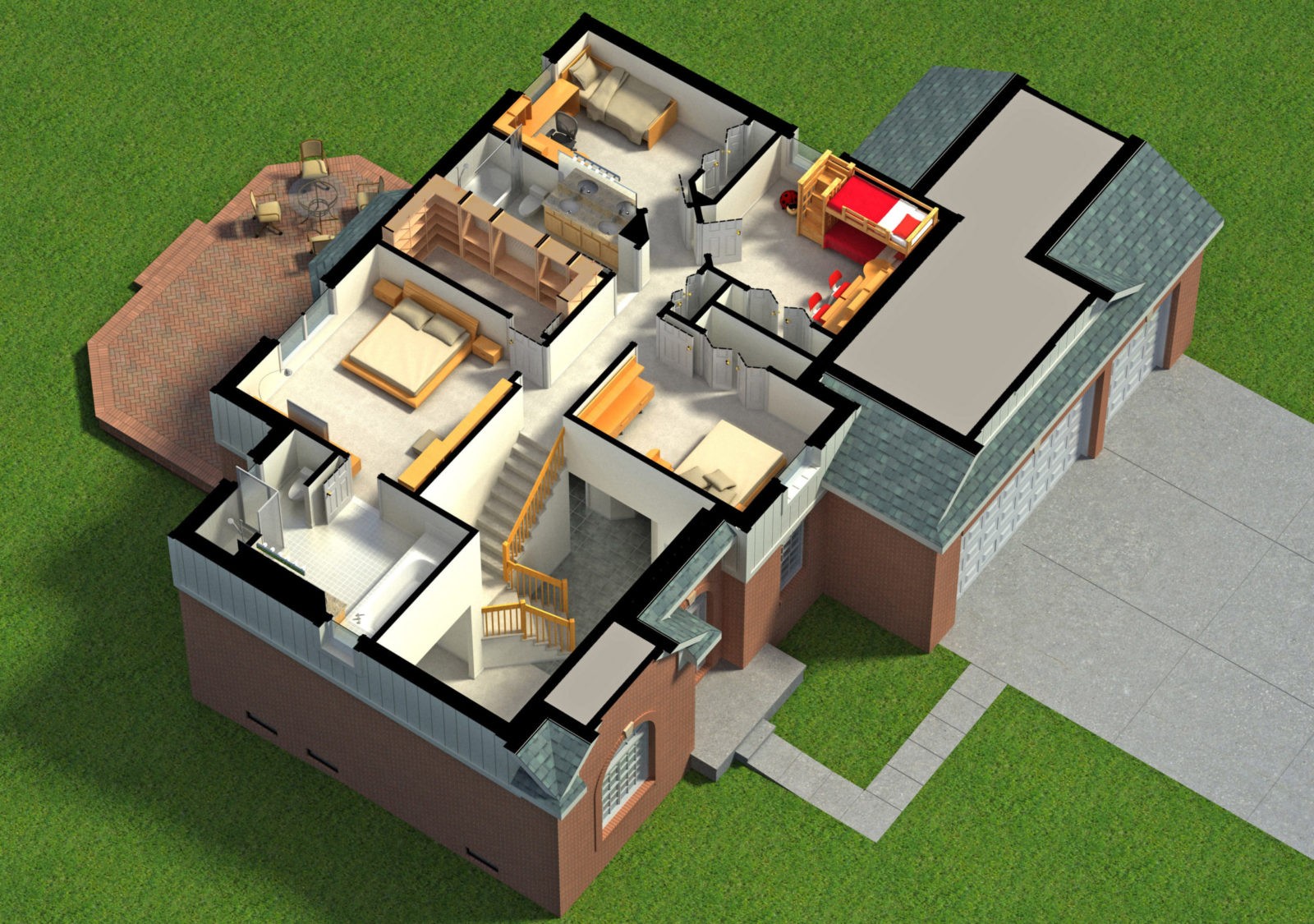 3D illustration of a furnished residential house, with the secon