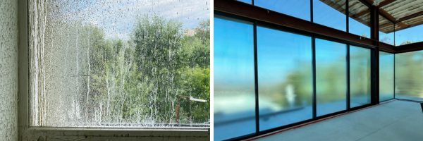 a window covered in dirt and mud splatter next to a curtain wall with a blue protective coating over the glass and frames