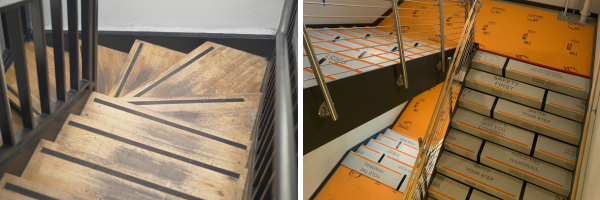 dirty, unprotected stairs on a jobsite next to stairs protected from construction site damage