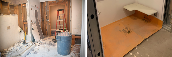 a bathroom under construction with exposed tile and flooring surfaces next to an image showing a shower pan protected by an orange adhesive mat