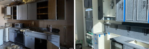 Kitchen surfaces and countertops with damage due to renovation and repair next to a a kitchen with countertops, cabinets, and fixtures protected by a grey adhesive mat