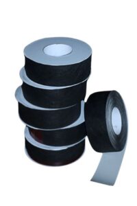 Five rolls of black tape with white cores are stacked vertically against a white background. One roll is partially unspooled, revealing the adhesive side.